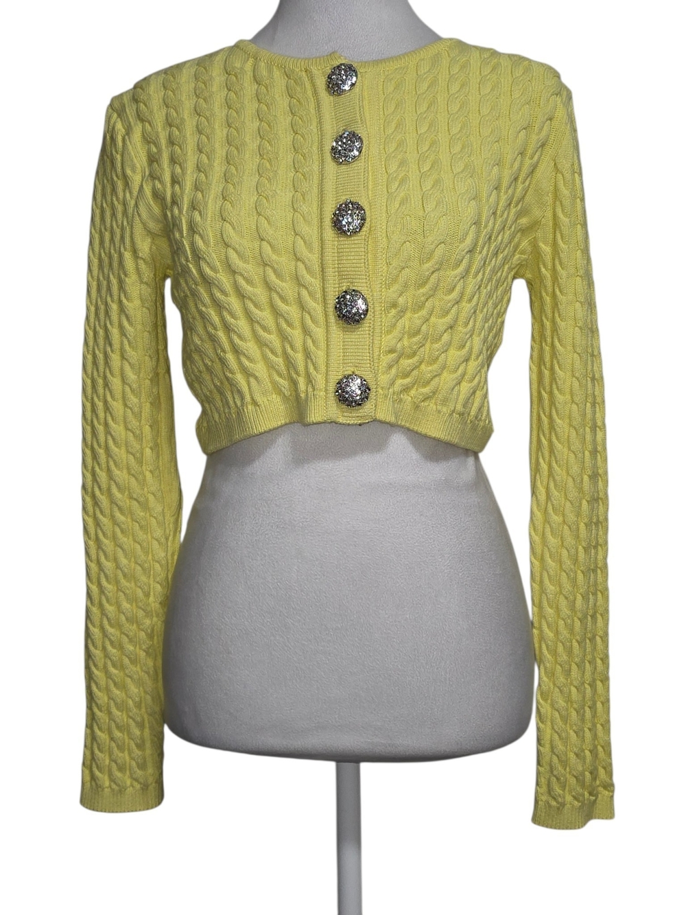 Ronny Kobo Yellow Cable Knit Cropped Cardigan Jewel Button Sweater Size S